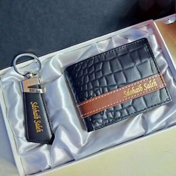 Customized Name Engraved Wallet keychain-black+brown