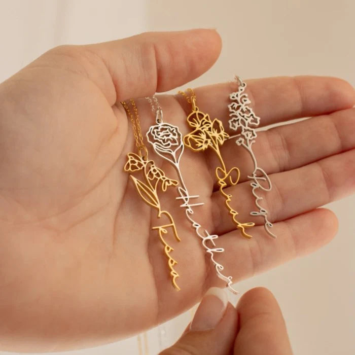 Birth Flower Signature Name Necklace