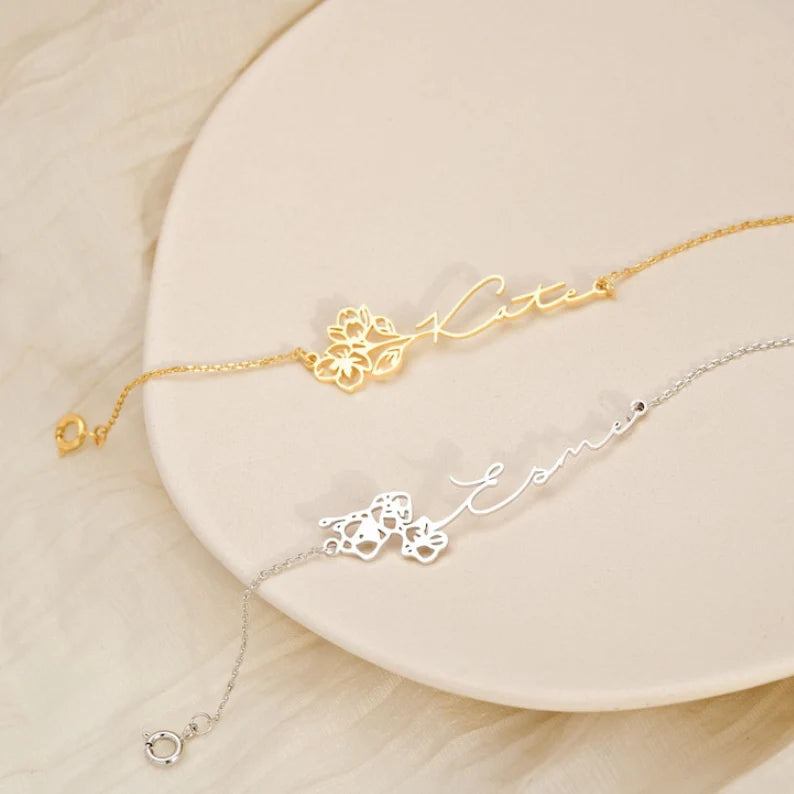 Birth Flower Signature Name Bracelet