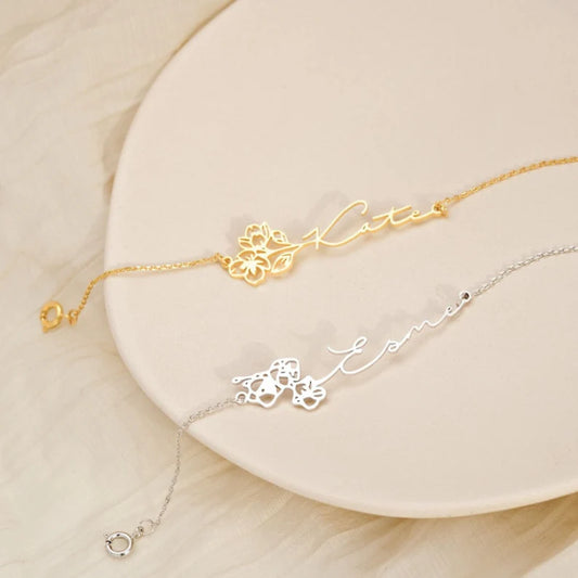 Birth Flower Signature Name Bracelet